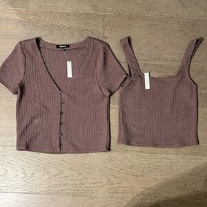 Madewell Pop corn top and Matching cap sleeve popcorn cardigan Color Fig.